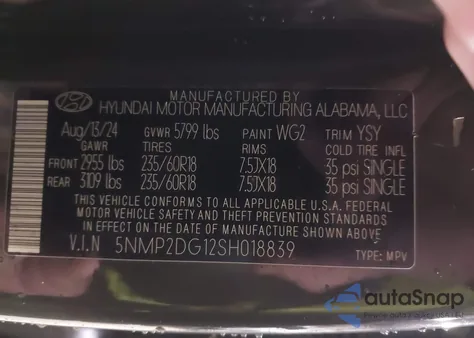 2025 Hyundai Santa Fe Hybrid Sel из США, поврежденный, VIN 5NMP2DG12SH018839